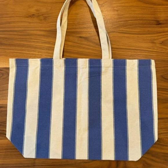 New Sézane Striped Canvas Tote Bag Blue Cream French Bonjour - Picture 4 of 4